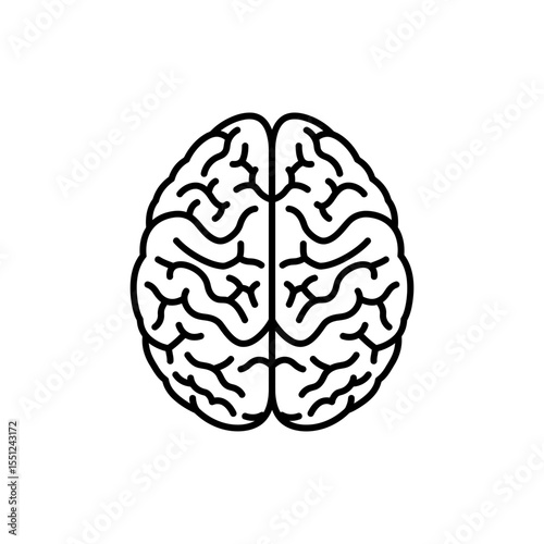 Black thin line icon of human brain top view showing left and right hemispheres
