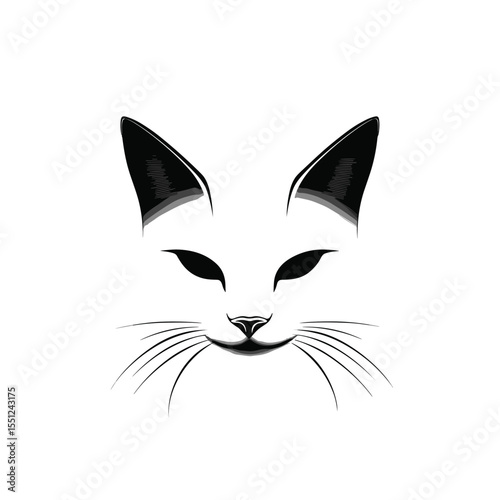Elegant minimalist cat face with striking features on a white background in a sleek design style copy space