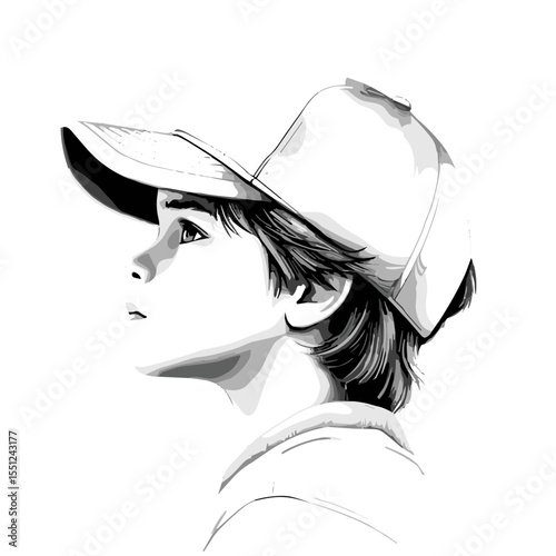 Inquisitive young boy wearing a cap in profile view on a white background in a detailed monochrome style copy space