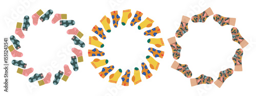 Vector set round frames with colorful socks. Flat hand drawn design isolated on white background.Fun and playful design, perfect for kids' prints, posters, packaging, cards, and seasonal decorations.