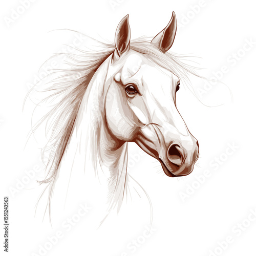 Graceful profile of a white horse with flowing mane on a white background in a detailed artistic style copy space