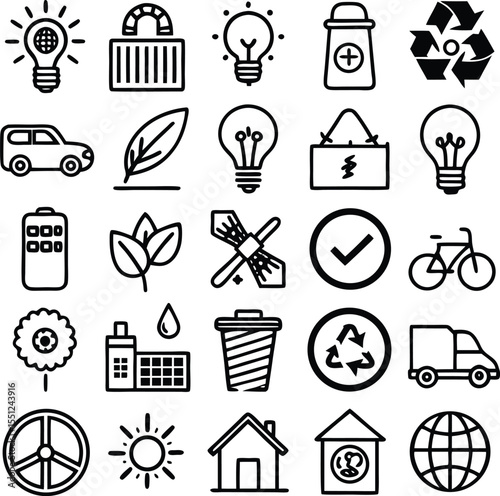 Collection of simple line art icons representing environmental sustainability and eco friendly concepts for a greener planet