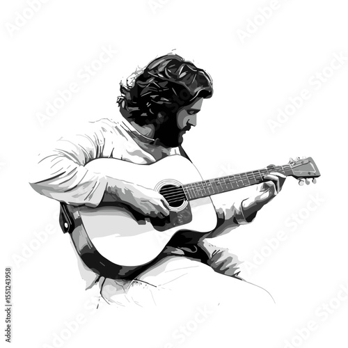 Thoughtful young man playing acoustic guitar on a white background in a detailed monochrome style copy space