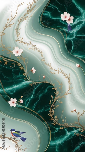 Emerald Marble Elegance Abstract Art Featuring Birds and Blossoms
