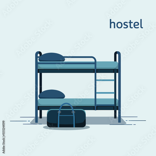 Teal and Dark Blue Bunk Bed in Hostel Room with Dark Blue Travel Bag Minimalist Illustration luggage