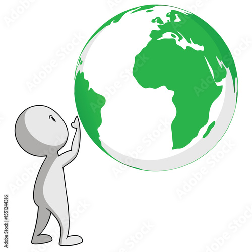 A small figure gazing at a large green earth globe