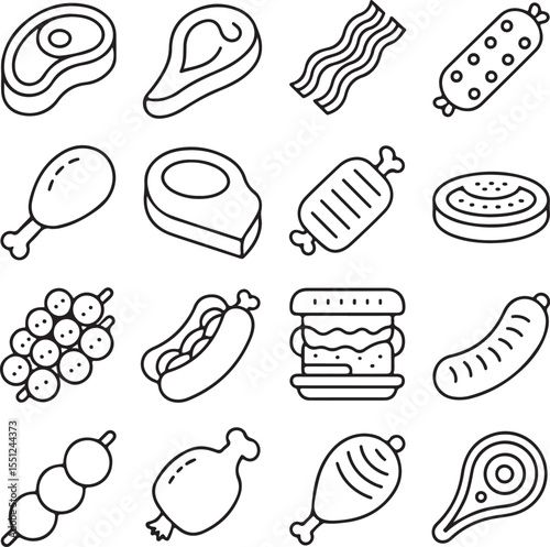 Delicious Meat Icons A Collection of Line Art Drawings of Various Cuts and Preparations