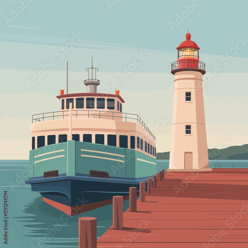 Teal and Cream Passenger Ferry Docked at Wooden Pier Beside a Red and White Lighthouse on Calm Water with Distant Green Hills under a Pale Blue Sky
