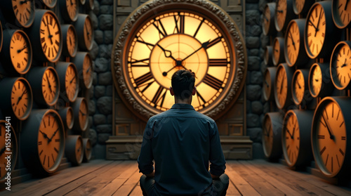 Back view of person facing illuminated clock on wooden floor perfect for introspection or time passage designs