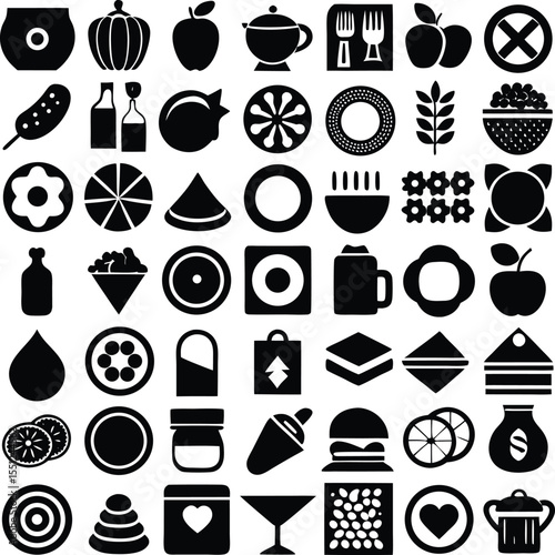 A diverse collection of black and white graphic icons representing food drinks and household items arranged in a grid