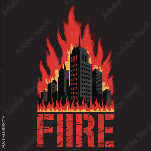 Dark silhouette of a city engulfed in red flames, bold and dramatic fire concept