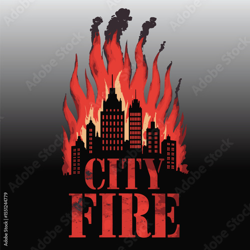 Dark silhouette of a city engulfed in red flames, dramatic fire concept vector illustration design