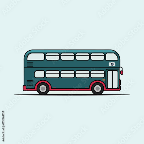 Teal and Red Double Decker Bus Side View Illustration Simple Line Art Design Transportation Icon Graphic