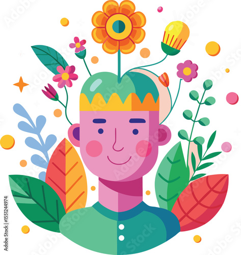 A vibrant illustration of a person s head with a crown surrounded by colorful flowers leaves and a lightbulb symbolizing creativity and growth