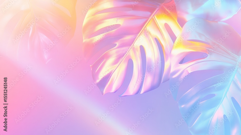 Fototapeta premium Holographic monstera leaves in vibrant colors create a stunning abstract background with a tropical vibe and pastel hues
