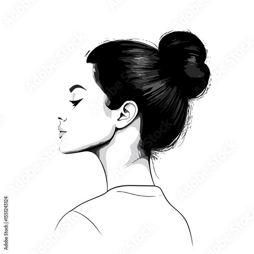 Elegant profile of a woman with a bun hairstyle on a white background in a detailed monochrome style copy space