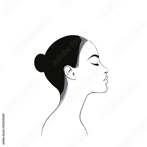 Elegant profile of a woman with a bun hairstyle on a white background in a sophisticated minimalist design style copy space