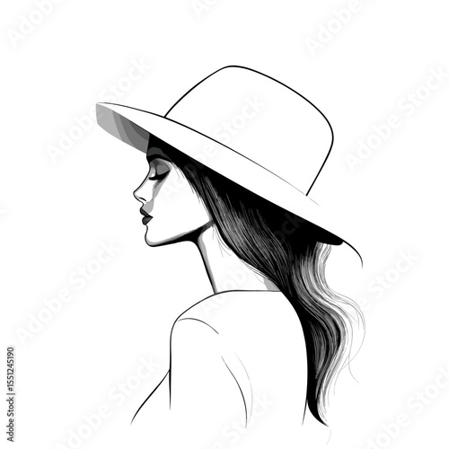 Stylish profile of a woman with a wide-brimmed hat on a white background in a chic line art style copy space