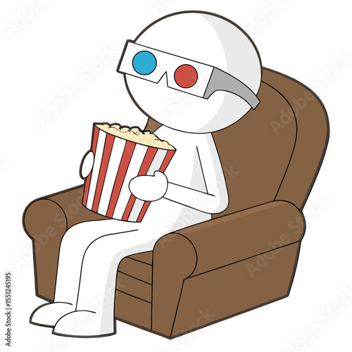 Relaxing figure watching a 3d movie with popcorn