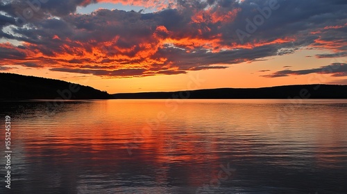 Fiery sunset over a calm lake, reflecting vibrant colors in the still water, silhouetted hills in the distance