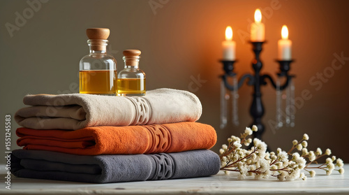 Folded towels with golden bottles and candlelight glow on wood surface