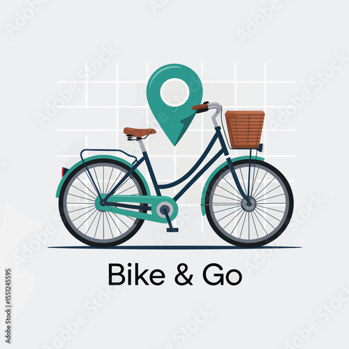 Teal Bicycle with Brown Basket and Location Pin on Grid Background Bike and Go Illustration green