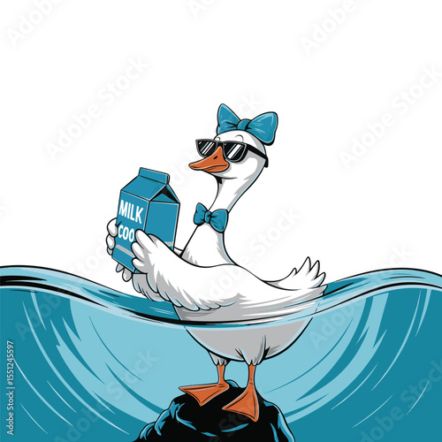 Duck sipping milk in the water, whimsical and fun for kids, dairy themes, or cartoon vector