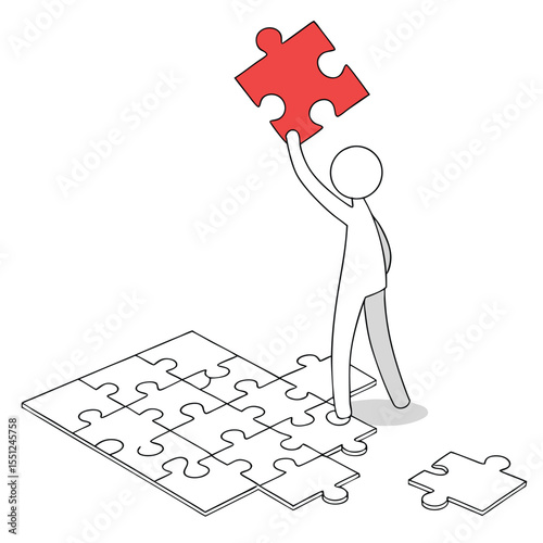 Person solving a jigsaw puzzle completing the final piece