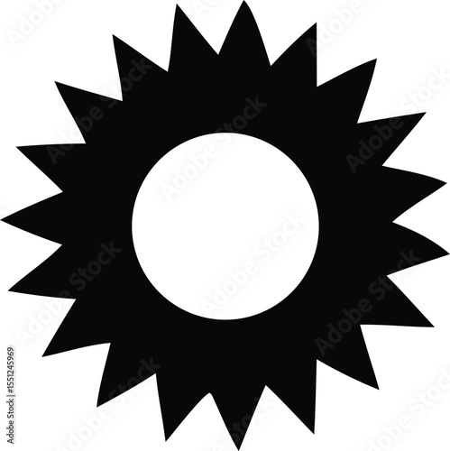 A stylized black sun icon with sharp pointed rays radiating outwards from a central white circle