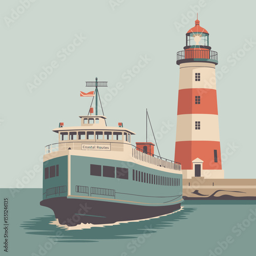 Teal Coastal Ferry Approaching Red and White Lighthouse Calm Sea Retro Style Illustration ocean