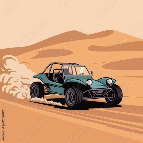 Teal Dune Buggy Speeding Across Sandy Desert Landscape Under a Pale Orange Sky Dust and Sand Trail Behind