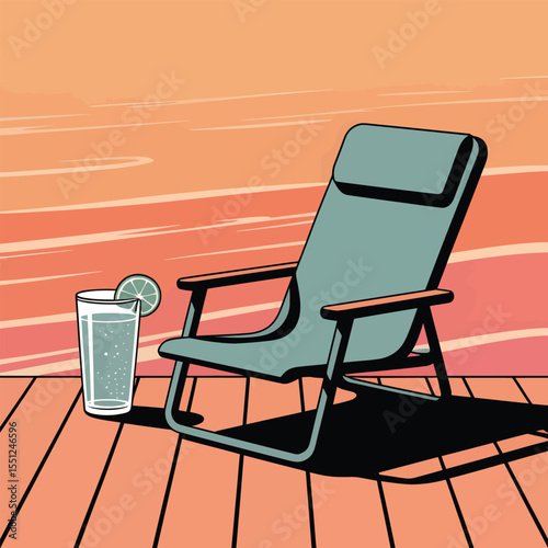 Teal Folding Deck Chair on Coral Wooden Deck with Glass of Sparkling Water and Lime teal chair folding chair