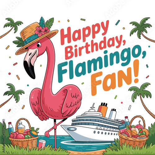 Flamingo surrounded and fruit, cheerful birthday design with a tropical touch vector design
