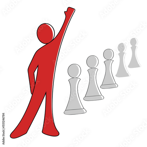 Red leader celebrating success over a row of white pawns