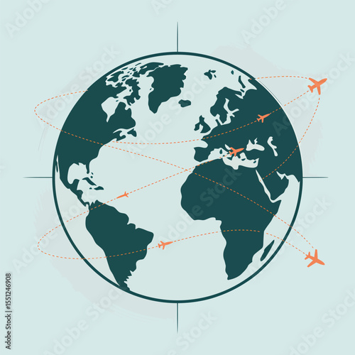 Teal Globe with Orange Airplanes Illustrating Global Air Travel Routes on a Light Blue Background