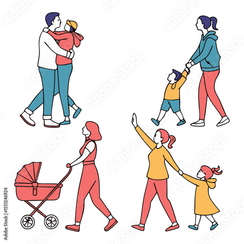 Family Portraits: A vibrant illustration showcases the warmth and unity of family life through a series of captivating snapshots of parents and children embracing moments of love and care.