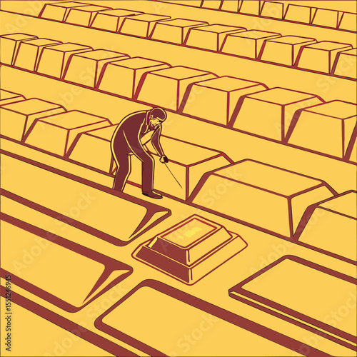Man mining gold from a giant keyboard