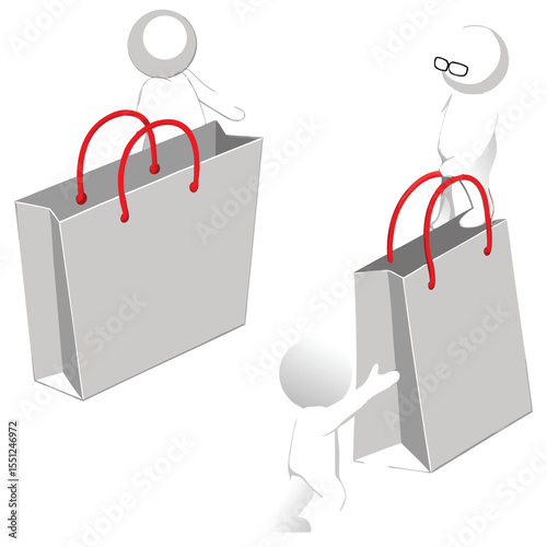 Cartoon figures and large shopping bags a visual representation of consumerism