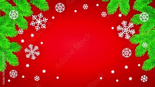 Animated banner for text with Christmas tree branches. Snowflake on a red background. 4K animation Merry Christmas and Happy New Year