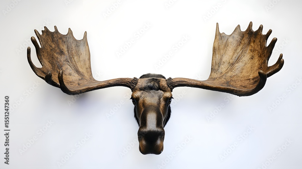 Naklejka premium Photograph of a mounted moose head displayed against a white wall.