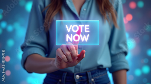 Index finger pressing illuminated vote now rectangle with pink and blue hues great for public awareness content