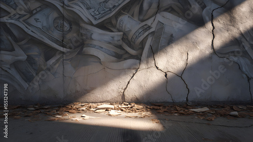 Urban mural depicting scattered currency notes and coins on a cracked wall, illuminated by sunlight, creating a dramatic contrast with fallen leaves on the ground