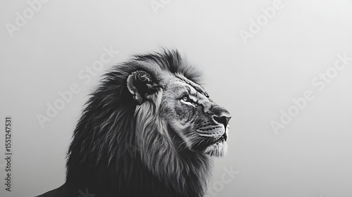 Photograph of black and white photograph of a majestic lion with a raised mane, looking upwards.