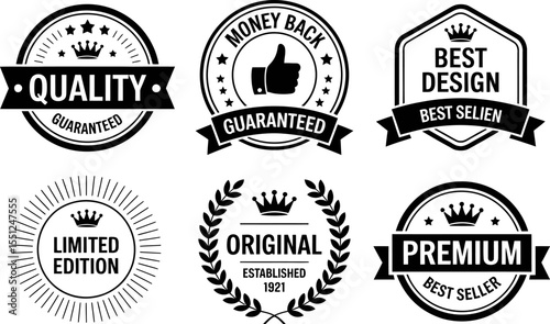 Quality guaranteed premium best seller design limited edition money back vector badges set editable stock vector illustration