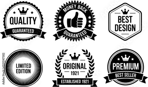 Collection of vector quality guaranteed premium best seller original limited edition design badges seals editable stock vector illustration