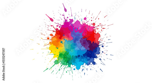 Vibrant Multicolor Watercolor Splash with Radiating Flecks on White Background