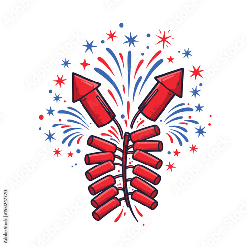 Exploding red firecrackers with fireworks and stars in patriotic American theme vector illustration isolated on a white transparent background