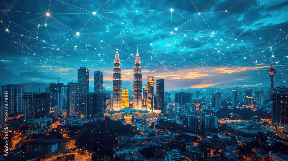 Fototapeta premium Blue tone Kuala Lumpur cityscape and network connection concept. Sunbeam effect.