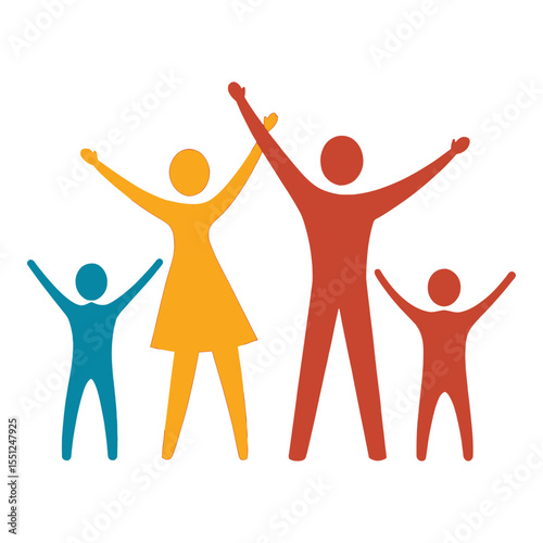 Happy Family Icon: A vibrant and symbolic illustration of a happy family, with parents and two children raising their arms in joyful celebration.