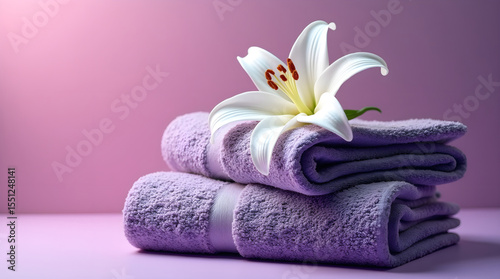 Lavender towels stacked with white lily on reflective surface against pink backdrop